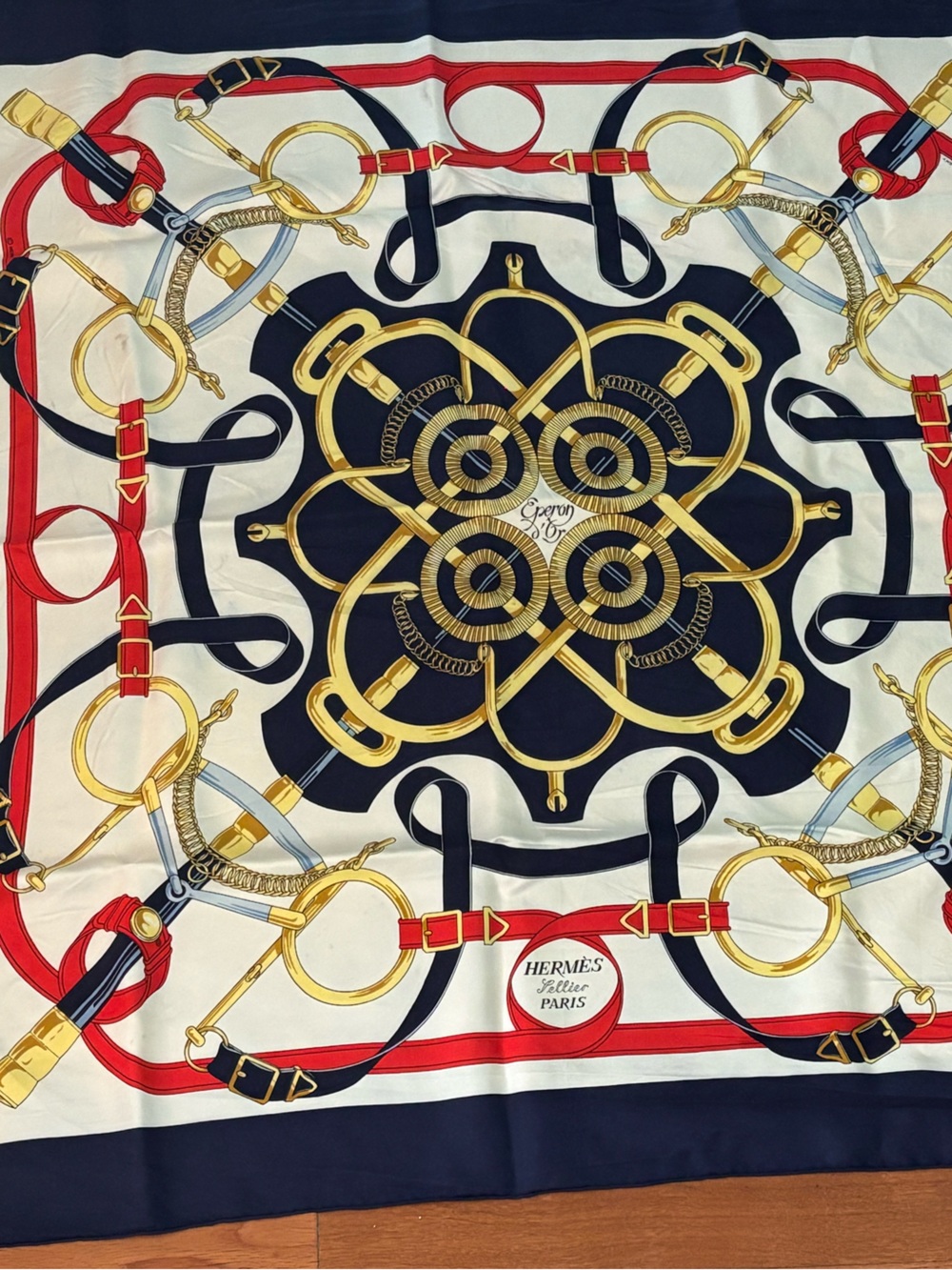 Hermes Grand Apparat Navy, White, Red & Gold Equestrian Silk Scarf